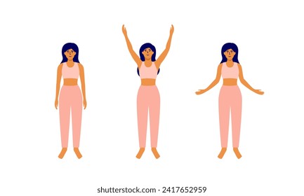 Ilustración vectorial de inhalación exhalada. Una mujer levantando las manos para respirar hondo, los brazos para abajo. Mujer haciendo ejercicio de postura, relajación del cuello. Relájese con el entrenamiento matutino. Cuidado del cuerpo propio, estilo de vida saludable