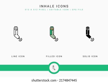 Inhale icons set vector illustration with solid icon line style. Asthma spray concept. Editable stroke icon on isolated background for web design, infographic and UI mobile app.