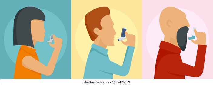 Inhaler breather deep breath health care asthma banner concept set. Flat illustration of 3 inhaler breather deep breath health care asthma vector banner concepts for web