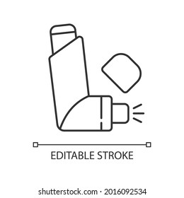 Inhaler linear icon. Preventing asthma attacks. Deliver medication to lungs, airways. Thin line customizable illustration. Contour symbol. Vector isolated outline drawing. Editable stroke