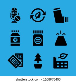 inhaler, medicine, plant, volcano, news paper, factory, recycling, medicine and microphone vector icon. Simple icons set