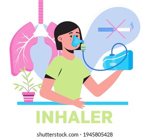 Inhalator, Vernebler, der von Patienten mit Bronchialasthma verwendet wird.  Metapher von Tuberkulose, Lungenentzündung, Lungendiagnose Röntgenmaschine. Bronchitis Konzept Vektor für medizinische Website, Blog. Kein Rauchzeichen.