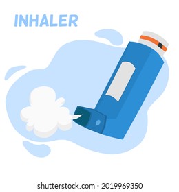 An inhaler with puff bubbles on blue background, aerosol for asthma patient, cute cartoon inhaler clean vector 