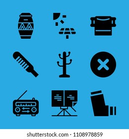 inhaler, towel, thermometer, drum, radio, sheet music, cancel, rack and solar panel vector icon. Simple icons set