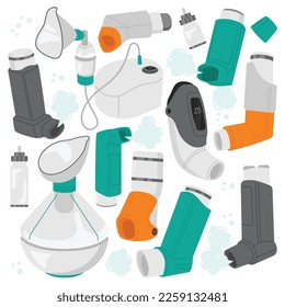 Inhalers flat icons set. Portable device for easy breathing. Medicines and treatments. Spray for lungs. Asthma symptoms. Color isolated illustrations