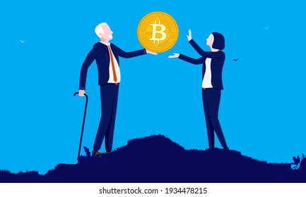 Inherit Bitcoin - Old man giving away one bitcoin to daughter. Vector illustration.