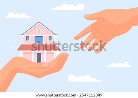 Inherit house. Inheritance concept, parent father hand giving home apartment to children, property investment planning law mortgage family trust wealth vector illustration original artwork