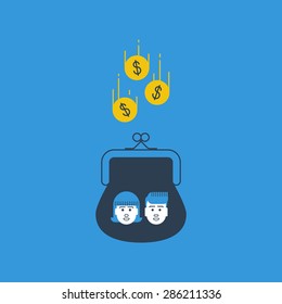 Inherit money, education expenses. Savings account. Future investments. Alimony, children money accumulation, allowance concept, vector flat illustration