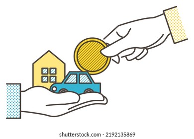 Inheritance concept. Vector illustration of a hand handing over property such as a house, car, money, etc.