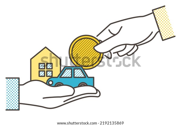 Inheritance concept. Vector\
illustration of a hand handing over property such as a house, car,\
money, etc.