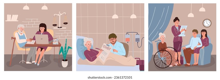 Inheritance flat set with elderly people signing their last wish and testament isolated vector illustration