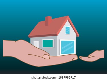 
Inheritance of a home from parents to children. Mamo of a father or mother giving a house to the hand of his son or daughter