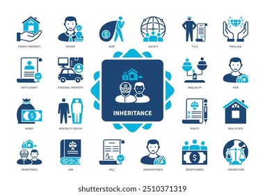 Inheritance icon set. Notary, Personal Property, Heir, Beneficiaries, Disinheritance, Debt, Privilege, Real Estate. Duotone color solid icons