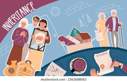 Inheritance last wish collage with family holding photo of deceased relative signing testament and inherited property flat vector illustration