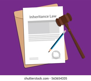 inheritance law concept illustration with paperworks, pen and a judge hammer 