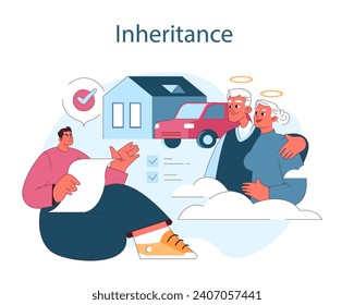 Inheritance. A man reviews estate documents with a visual metaphor of a serene elderly couple and their assets in the clouds, symbolizing legacy planning. Flat vector illustration