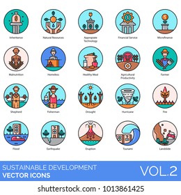 Inheritance, natural resources, appropriate technology, financial, microfinance, malnutrition, homeless, diet, farm, farmer, shepherd, fisher, drought, hurricane, fire, flood, earthquake, volcano icon