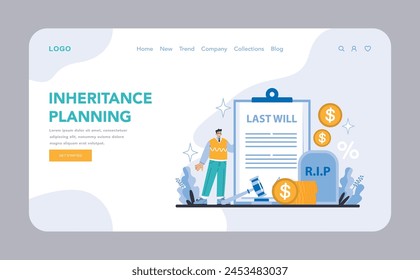 Inheritance Planning web or landing page . Ensuring legacy with structured wills and estate planning. Safeguarding assets for future generations. Flat vector illustration.