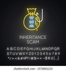 Inheritance scam neon light icon. Fake benefactor. Distant relative trick. Financial fraud. Illegal money gain. Phishing. Glowing sign with alphabet, numbers and symbols. Vector isolated illustration