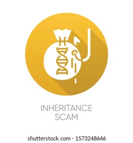 Inheritance scam yellow flat design long shadow glyph icon. Fake benefactor. Distant relative trick. Financial fraud. Illegal money gain. Phishing. Fraudulent scheme. Vector silhouette illustration