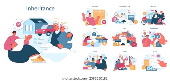 Inheritance set. Estate planning, tax considerations, and executor duties. Testament administration, property transferring paper. Flat vector illustration.