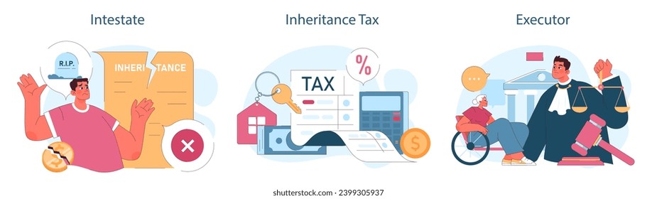 Inheritance set. Estate planning, tax considerations, and executor duties. Testament administration, property transferring paper. Flat vector illustration.