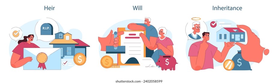 Inheritance set. Estate planning, tax considerations, and executor duties. Testament administration, property transferring paper. Flat vector illustration.