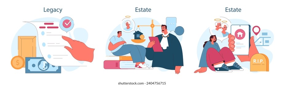 Inheritance set. Estate planning, tax considerations, and executor duties. Testament administration, property transferring paper. Flat vector illustration.