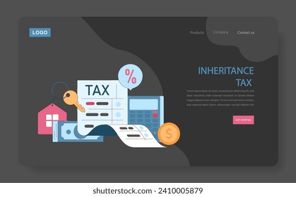 Inheritance tax dark or night mode web, landing. An illustration simplifying tax calculations on estate assets, with symbols representing home ownership and financial responsibilities.