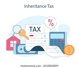 Inheritance tax. An illustration simplifying tax calculations on estate assets, with symbols representing home ownership and financial responsibilities. Flat vector illustration