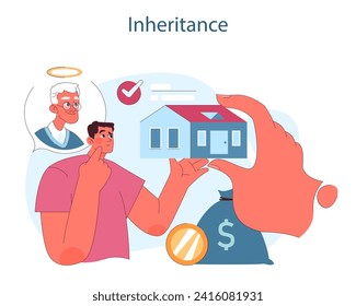 Inheritance. A thoughtful man considers the value of a house and savings as part of an inheritance, with an ethereal figure approvingly overseeing. Flat vector illustration