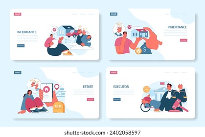 Inheritance web or landing set. Estate planning, tax considerations, and executor duties. Testament administration, property transferring paper. Flat vector illustration