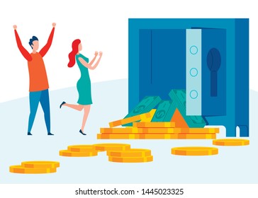 Inheriting Large Sum of Money Vector Illustration. Keeping Money Safe in Bank Cartoon. Couple Receiving Interest From Deposits Flat Concept. Achieving Financial Stability After Wedding, Marriage