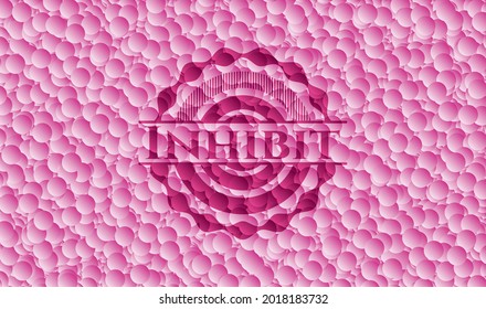 Inhibit realistic pink emblem with bubbles background. Vector Illustration. Detailed. 