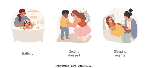 In-home caregiver service isolated cartoon vector illustration set. Nanny bathing a child, help toddler to get dressed, sleeping regime, bedtime lullaby, in-home help with kids vector cartoon.