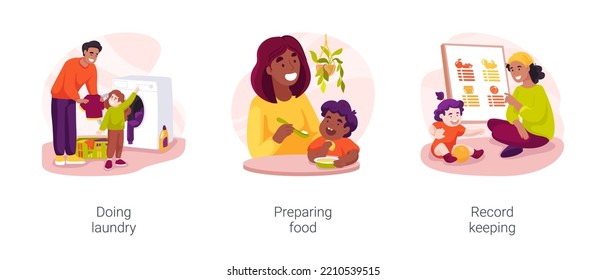 In-home Caregivers House Chores Help Isolated Cartoon Vector Illustration Set. Doing Laundry, Preparing Food, Record Keeping, Washing Baby Clothes, Help Ironing, Daycare Worksheet Vector Cartoon.