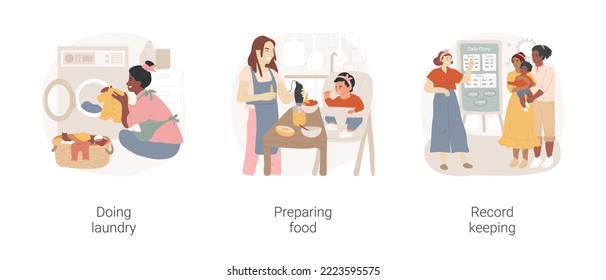 In-home caregivers house chores help isolated cartoon vector illustration set. Doing laundry, preparing food, record keeping, washing baby clothes, help ironing, daycare worksheet vector cartoon.