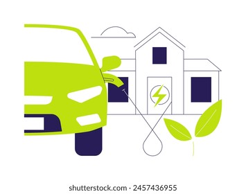 Ilustración vectorial abstracta del concepto del cargador de EV en casa. Hombre que utiliza el cargador de EV en casa para su coche, ambiente ecológico, transporte urbano sostenible, metáfora abstracta del automóvil eléctrico.