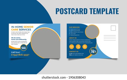 In-home senior health care service postcard template design. Medical postcard template, dental postcard design.