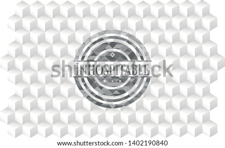 Inhospitable grey badge with geometric cube white background