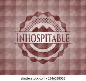 Inhospitable red emblem or badge with geometric pattern background. Seamless.