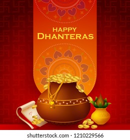 Inidan holiday of Happy Dhanteras during Diwali season for prosperity. Vector illustration