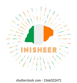 Inisheer sunburst badge. The island sign with map of Inisheer with Irish flag. Colorful rays around the logo. Vector illustration.