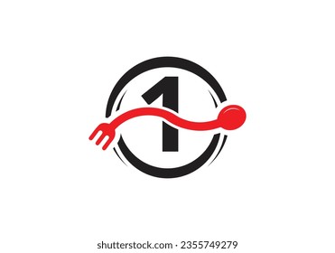 Initial 1 monogram alphabet with a fork, spoon, logo. Café Icon, Restaurant, Cooking Business Vector