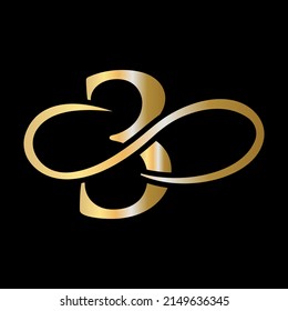 Initial 3 Monogramm-Alphabet. Buchstabe 3 mit Schwarz-Gold-Logo-Vorlage