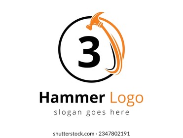 Alfabeto inicial de 3 letras monográficas con un concepto de logotipo martillo para construcción, plantilla de vectores de reparación de marca de madera para empresa.  Logo vectorial moderno para el negocio de la construcción e identidad de la empresa