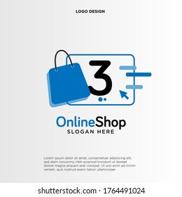 Plantilla inicial de 3 diseños de logotipo de tienda. Ilustración vectorial gráfico de la letra 3 y concepto de diseño del logo de la combinación de bolsas de compra. Perfecto para Ecommerce, venta, descuento o elemento web de tienda. Emblema de la empresa