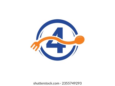 Initial 4 monogram alphabet with a fork, spoon, logo. Café Icon, Restaurant, Cooking Business Vector