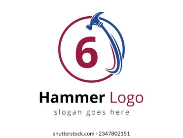 Initial 6 monogram letter alphabet with a Hammer Logo Concept For Construction, Woodworking Company Repair Symbol Vector Template.  Modern vector logo for construction business, and company identity
