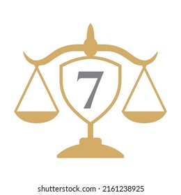 Initial 7 Letter Law Logo with Shield, Wreath Symbol. Law and Attorney Logotype in Alphabet 7 Letter Template
